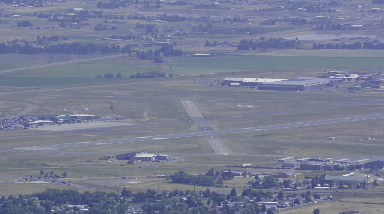 2018 view of Helena Regional Airport from Mount Helena showing runway 05 and the passenger terminal
