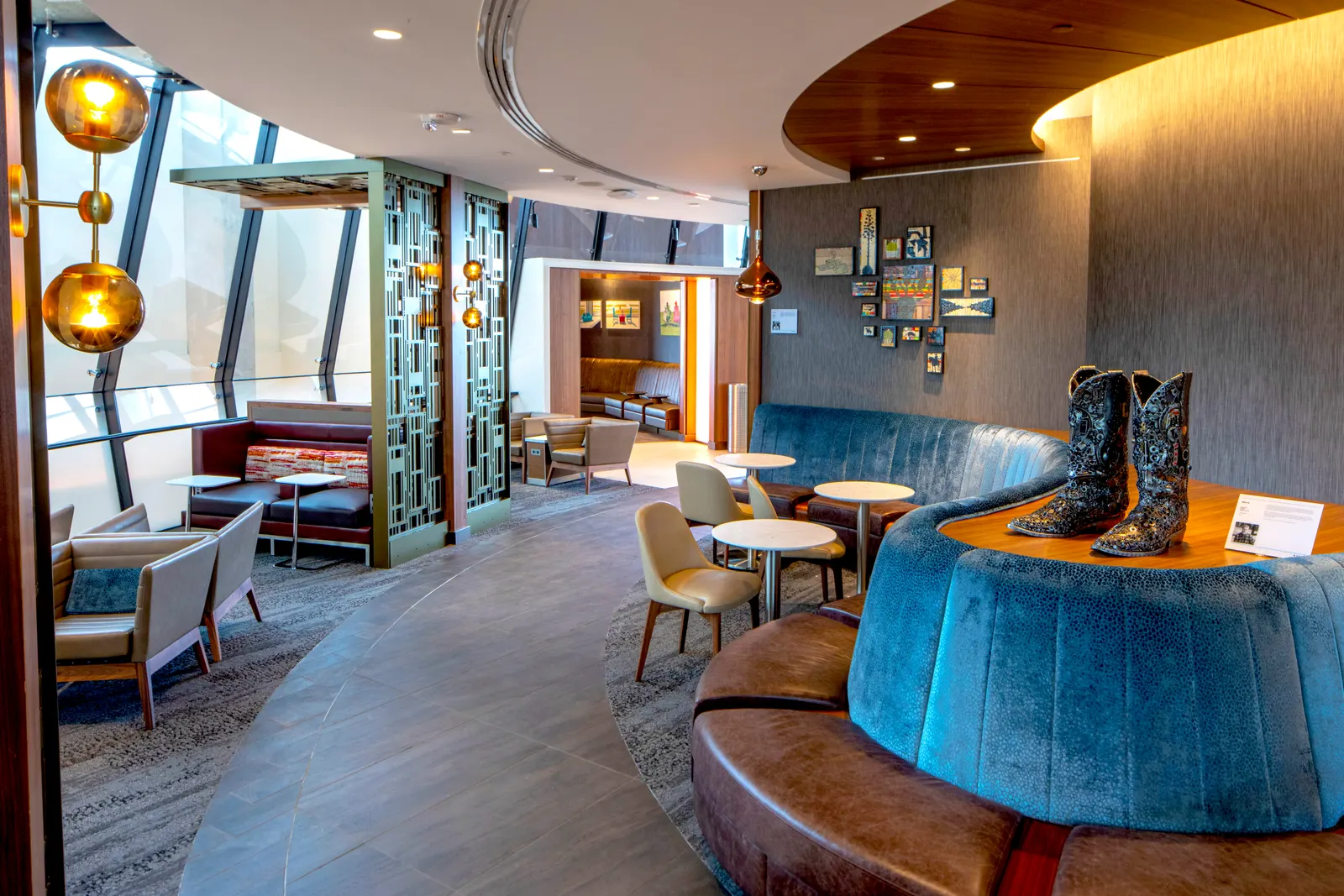 Interior seating area inside the Delta Sky Club at Austin-Bergstrom International Airport.