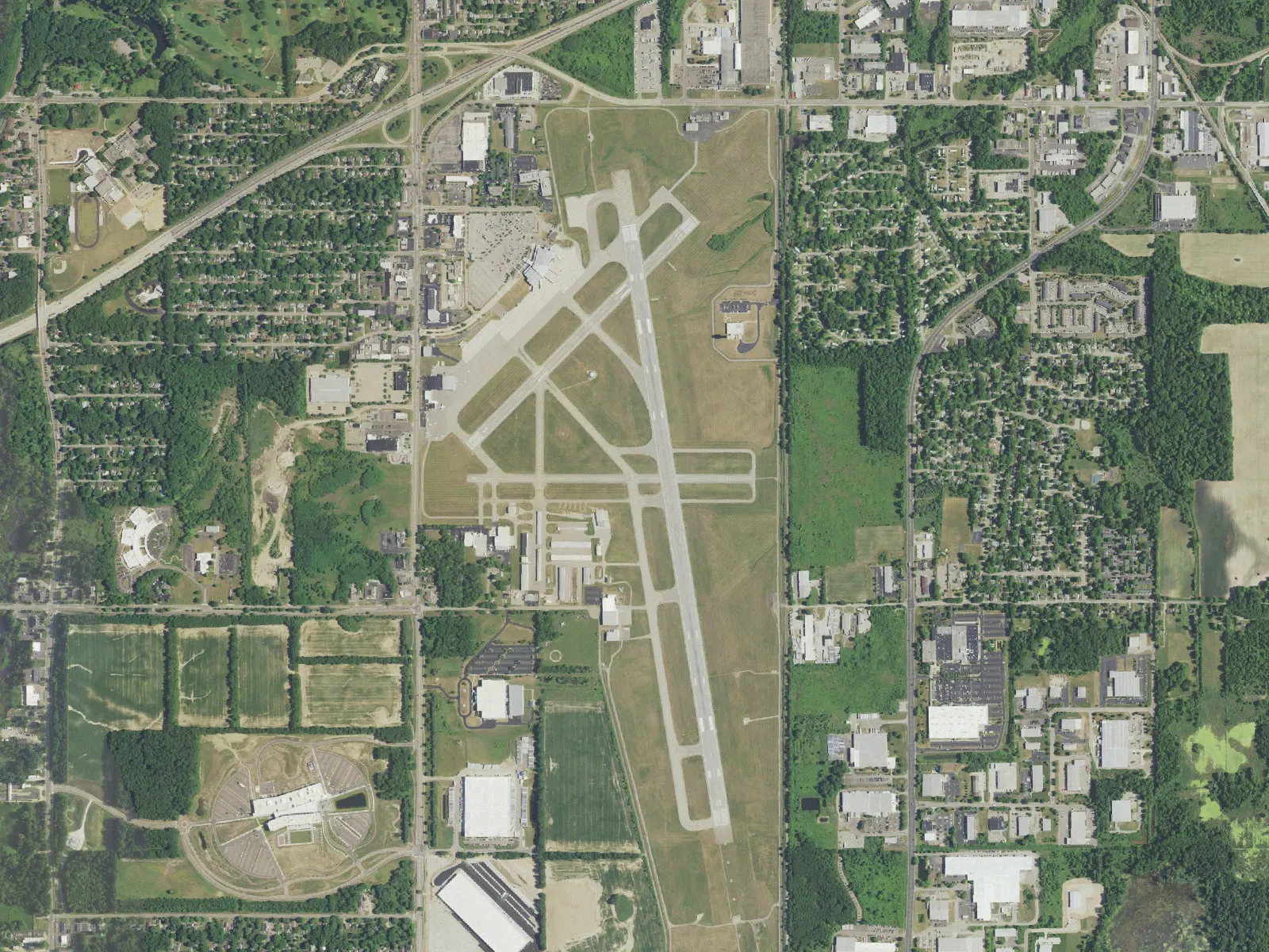USGS National Map aerial of Kalamazoo/Battle Creek International Airport (AZO) showing the full airfield south of I-94 and Portage Road — not Battle Creek Kellogg (BTL), not Grand Rapids (GRR), and not Detroit (DTW).