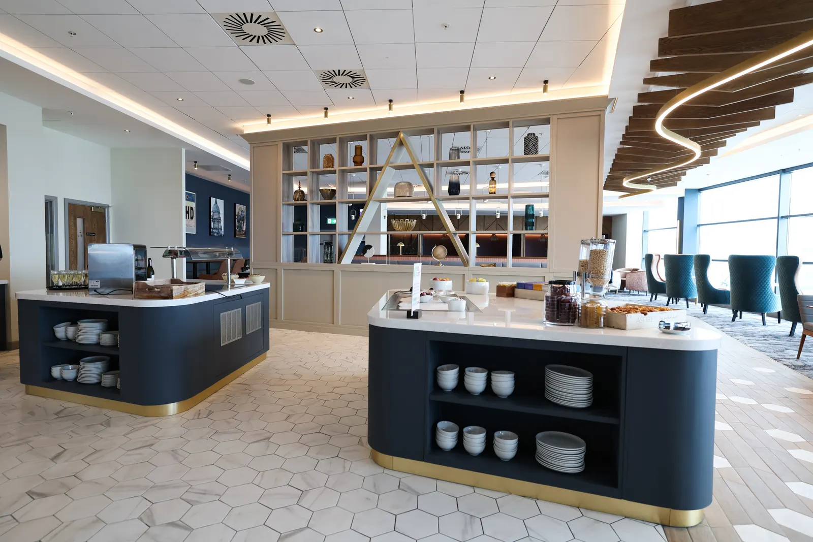 Buffet islands in the Aspire Lounge at George Best Belfast City Airport (BHD).