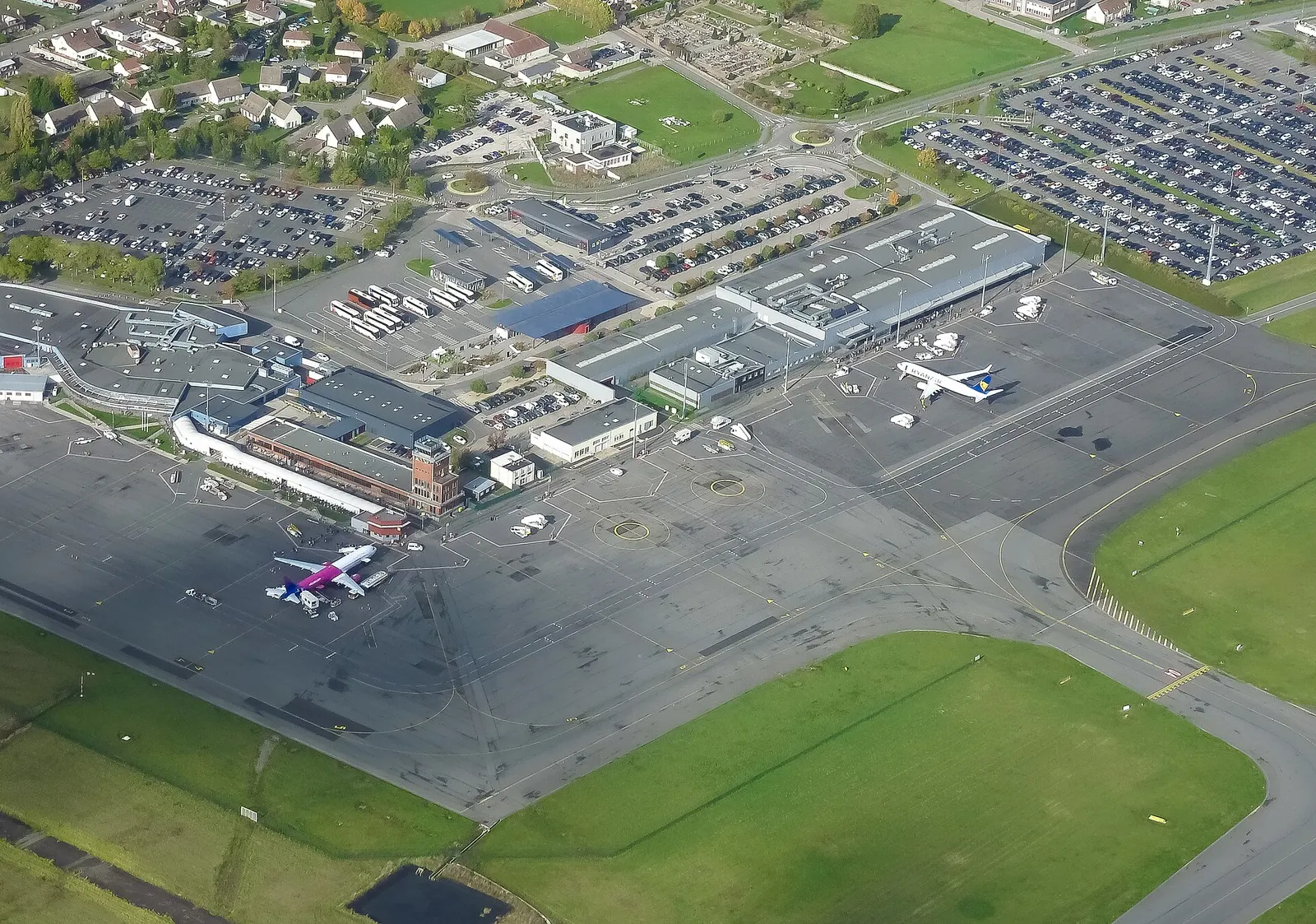 Aerial view of Paris-Beauvais Airport terminal area, Tillé