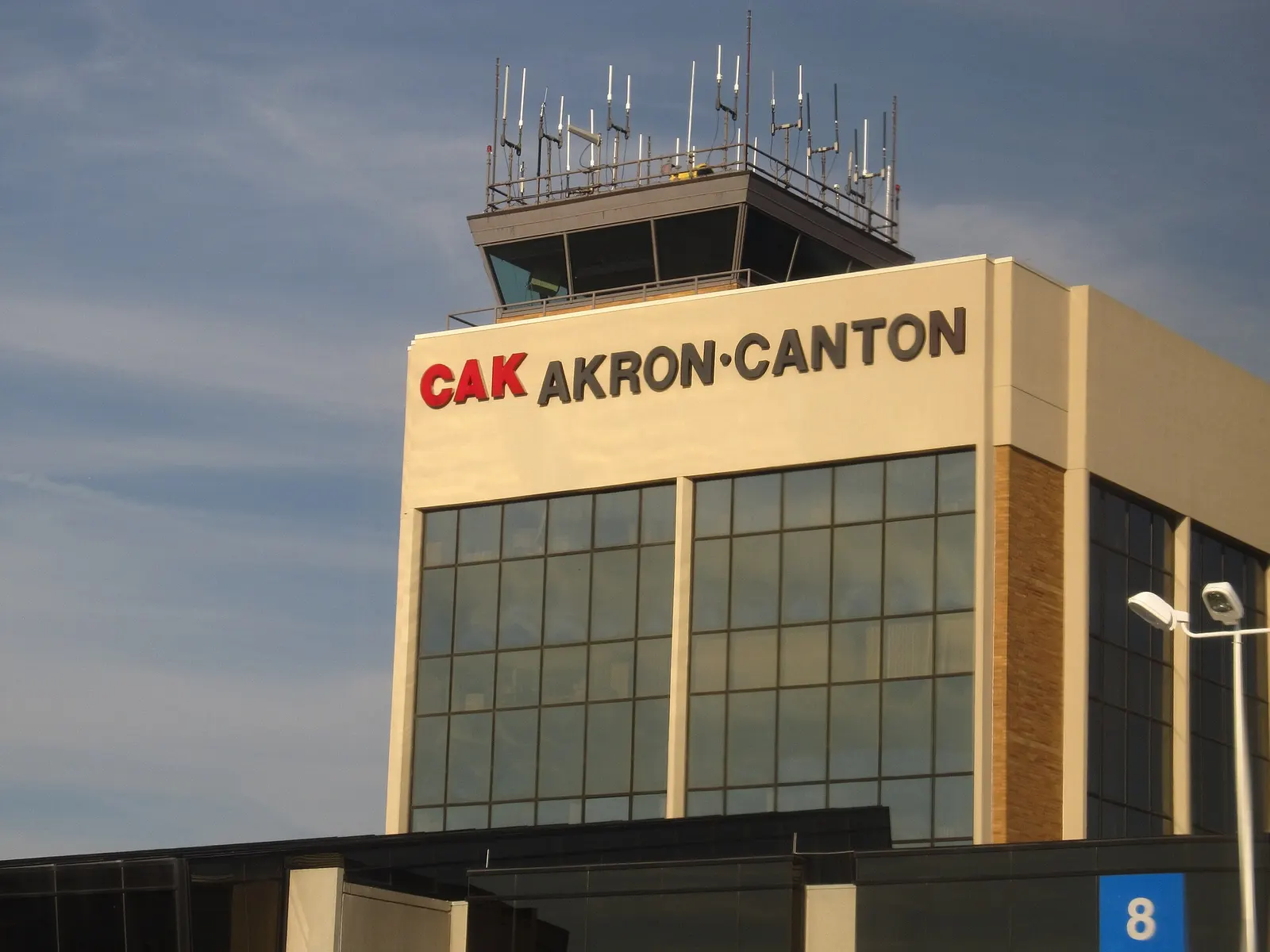 Akron-Canton Airport terminal building and control tower, photographed 12 September 2012 — historic versus the 2020 two-level concourse.