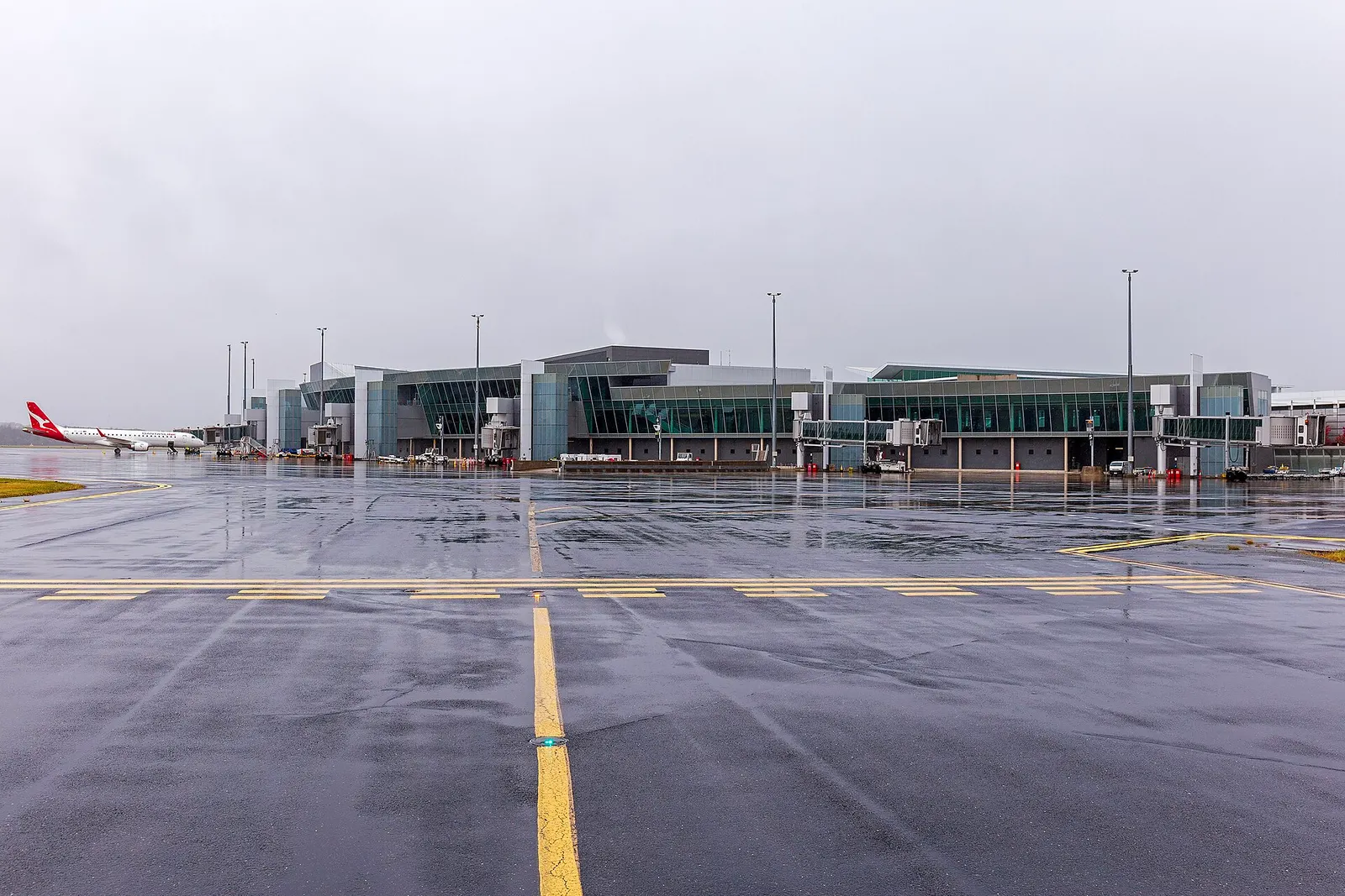 Airside view of the Canberra Airport terminal from Taxiway Hotel.