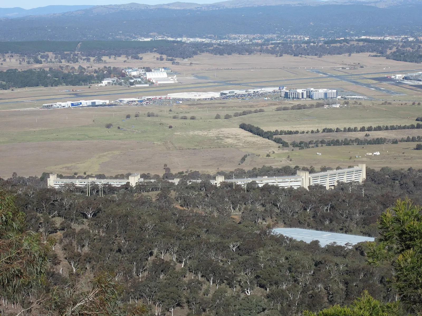 The Campbell Part office complex and Canberra Airport viewed from Mount Ainslie