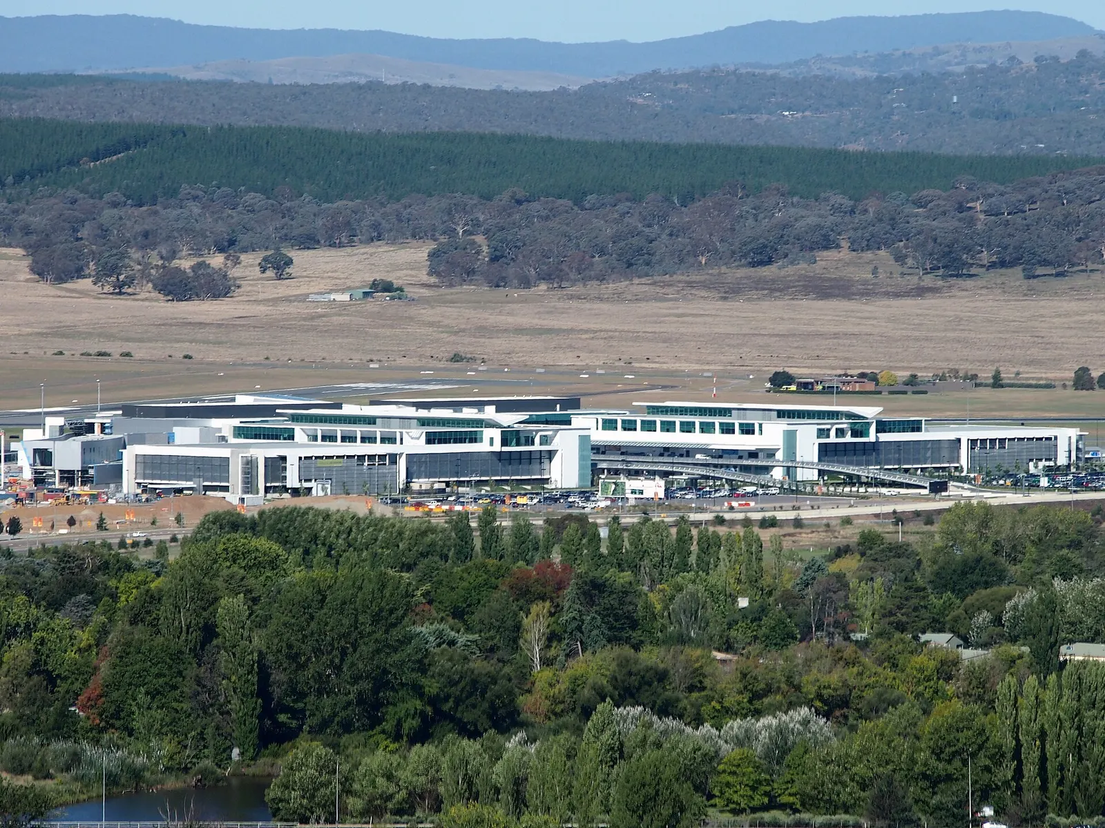 The newly-completed terminal buildings at Canberra Airport viewed from Mount Pleasant in March 2013