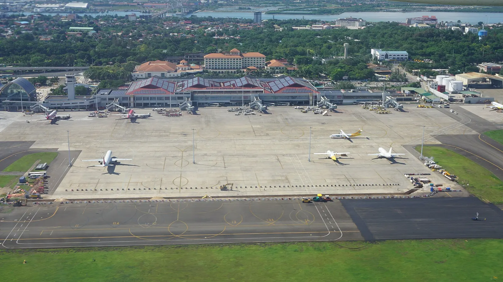 Aerial view of Mactan-Cebu International Airport Terminal 1 apron and jet bridges