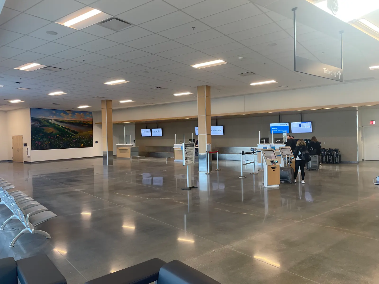 Ticket counters in the Columbia Regional Airport terminal, February 2023