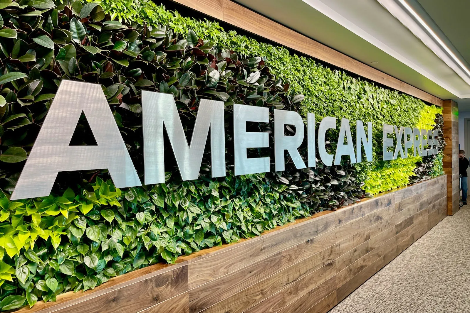 American Express lettering mounted on a living green wall at the entrance of The Centurion Lounge at Denver International Airport (DEN).