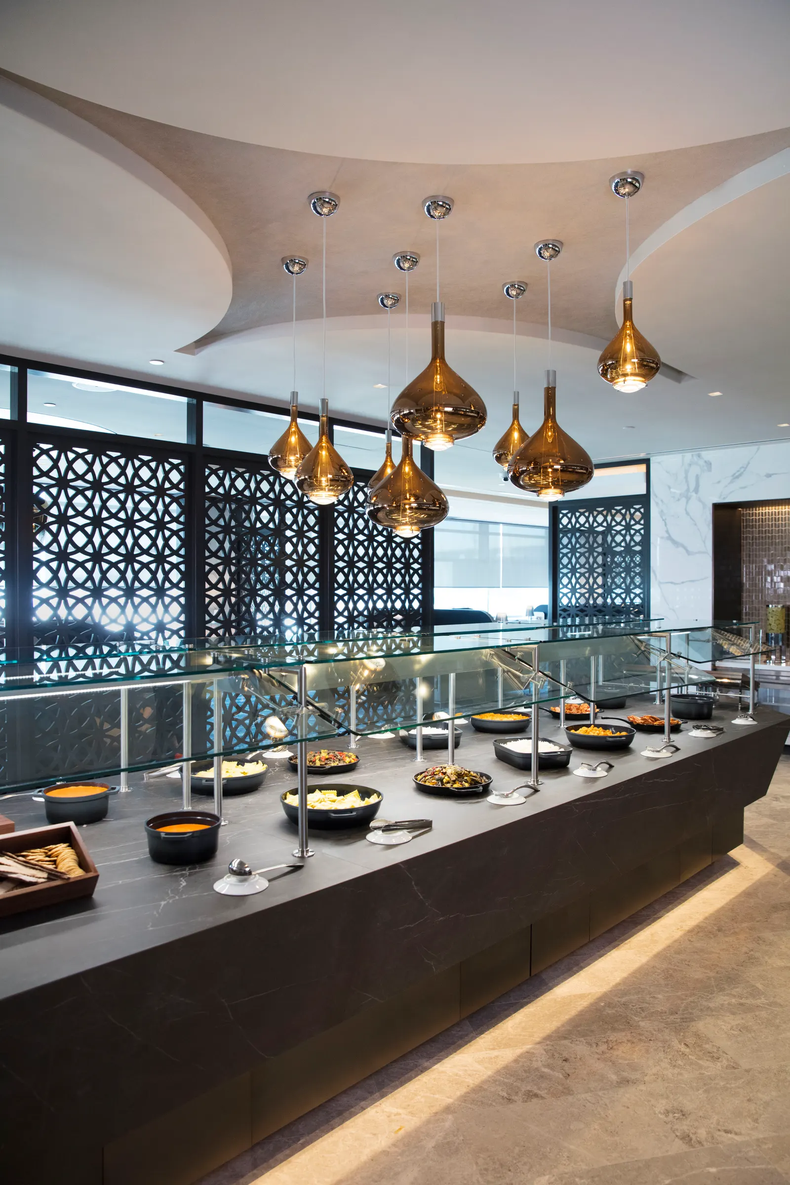 Buffet service area in the United Polaris Lounge at Newark (EWR).
