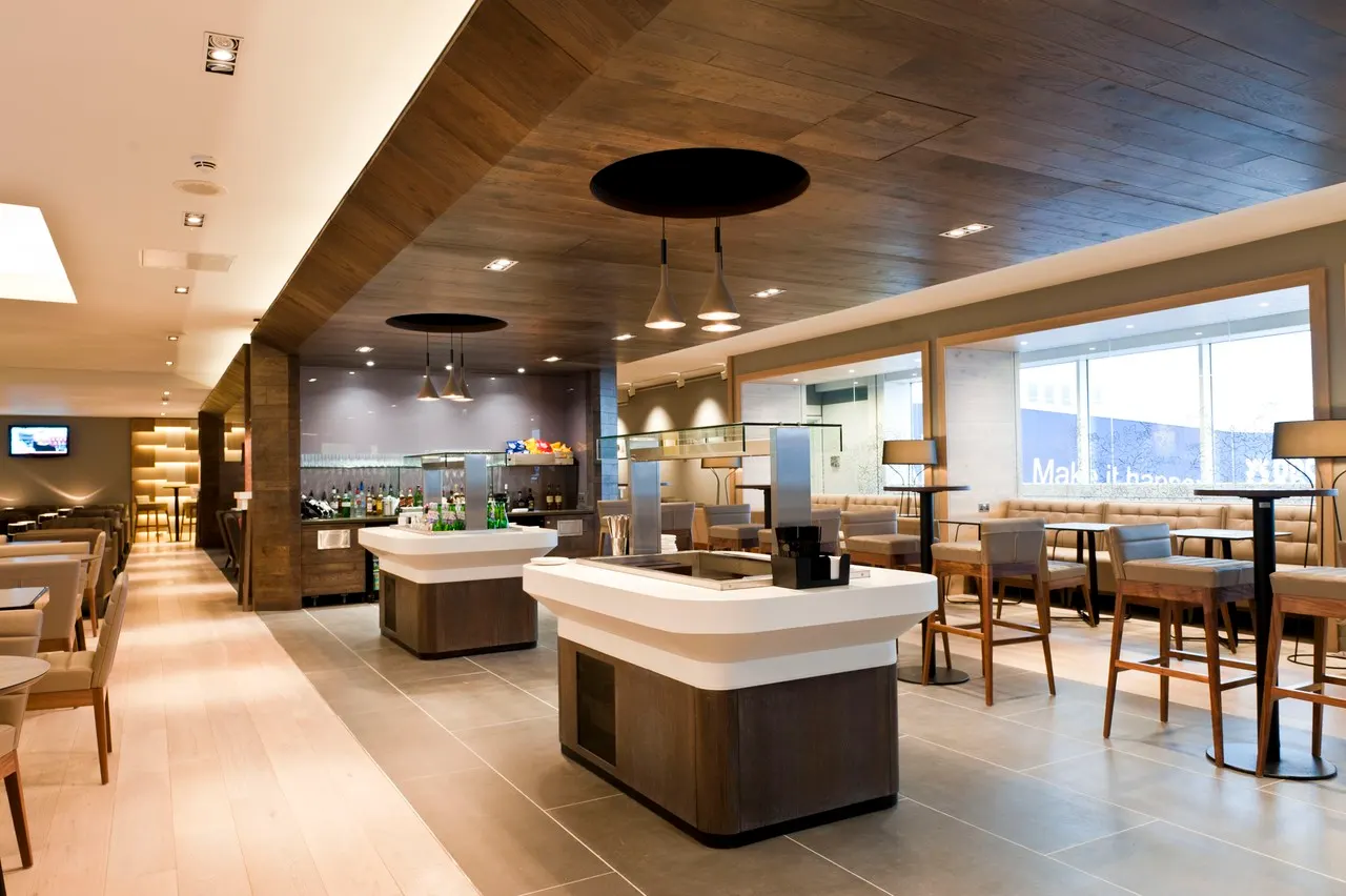 Interior view of the British Airways Glasgow lounge bar area.