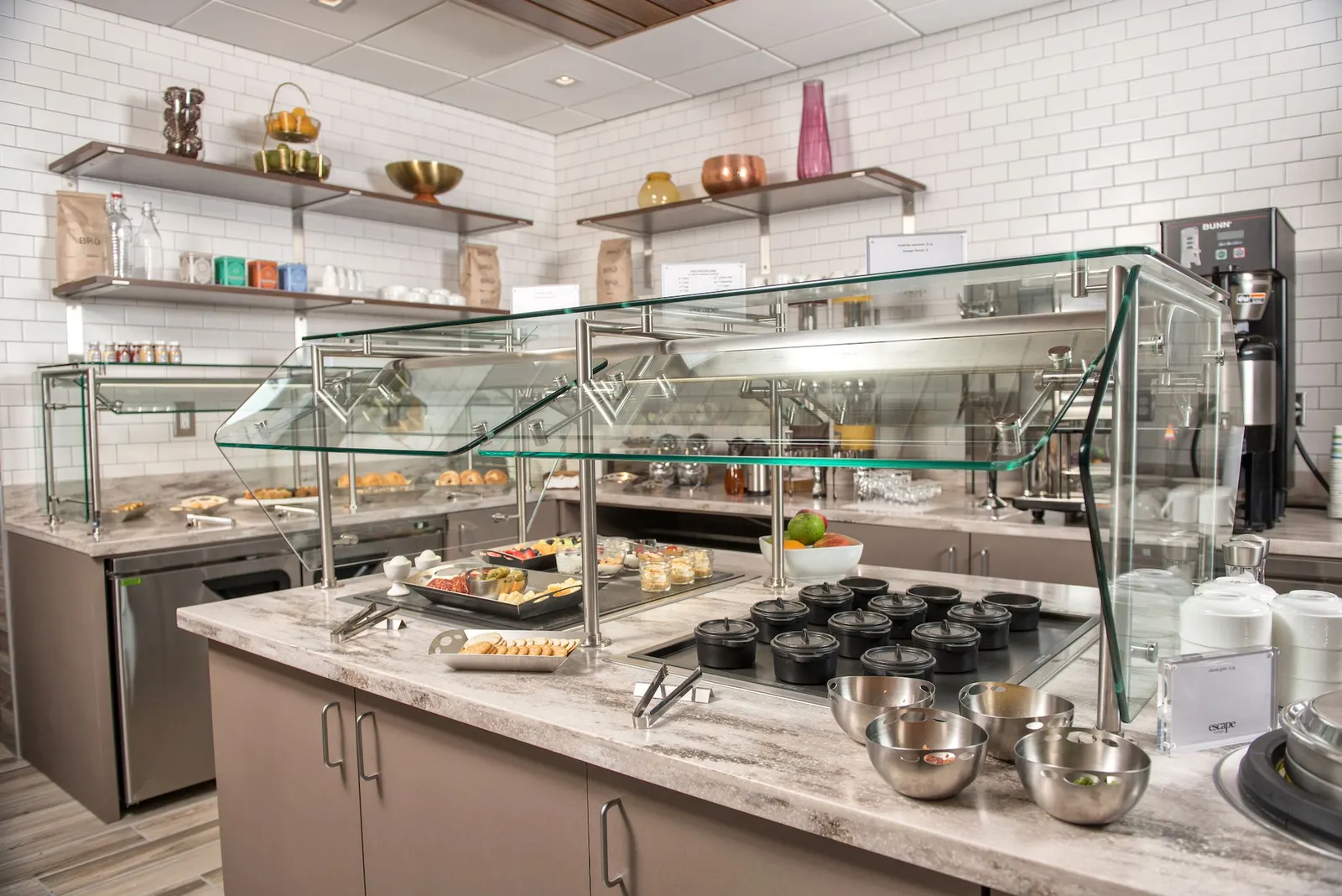 Buffet and dining station in the Escape Lounge at Greenville-Spartanburg International Airport (GSP).