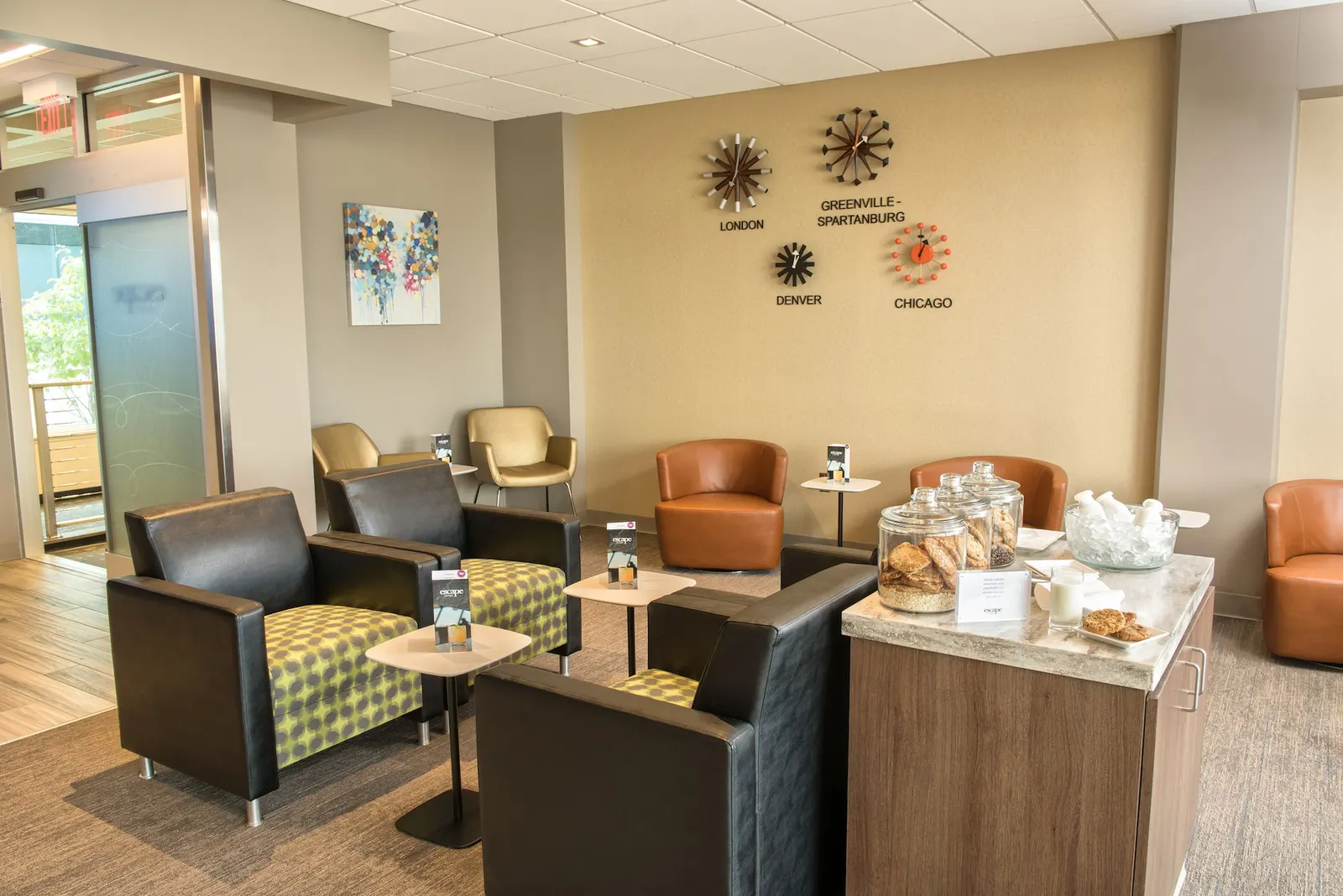 Lounge seating area in the Escape Lounge at Greenville-Spartanburg International Airport (GSP).