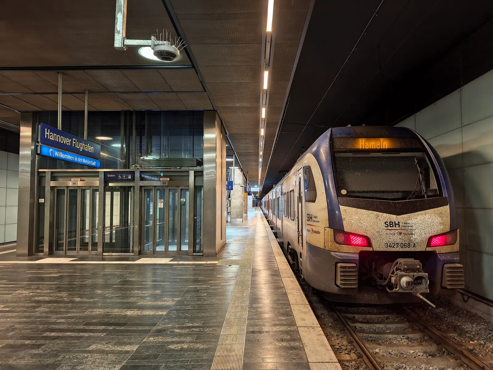 S-Bahn Hannover train at the underground Hannover Flughafen station under Terminal C, destination Hameln