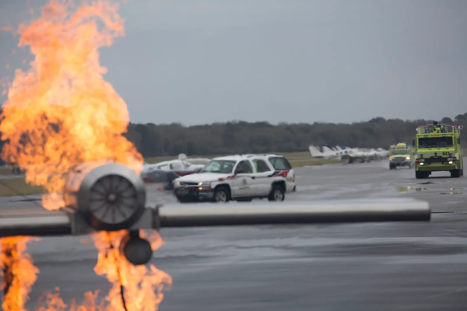 Hilton Head Island ARFF trucks arriving at a 2014 training wreckage on the airfield.