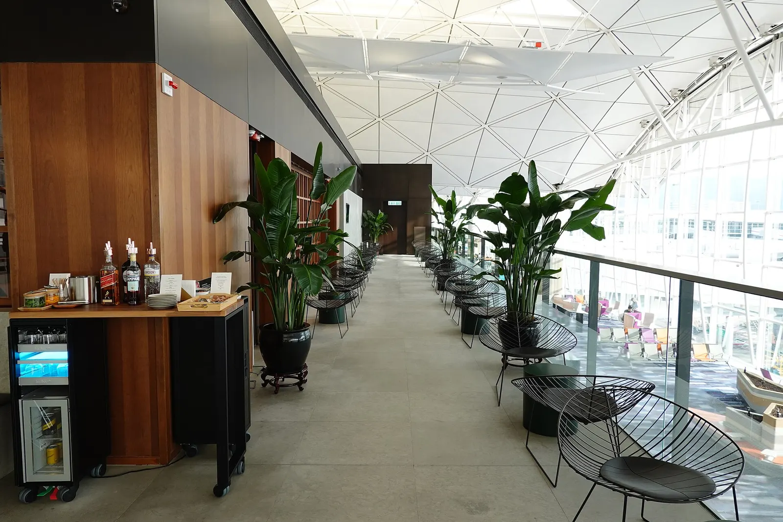 Interior view of Cathay Pacific The Deck Lounge at Hong Kong International Airport.