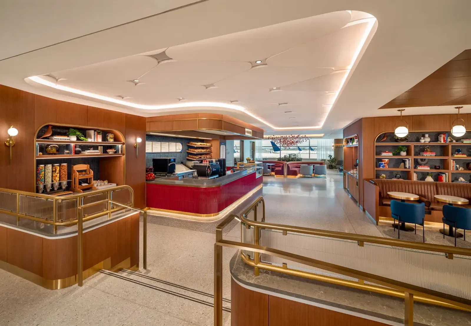 Dining area interior in the Capital One Lounge at New York JFK Terminal 4.