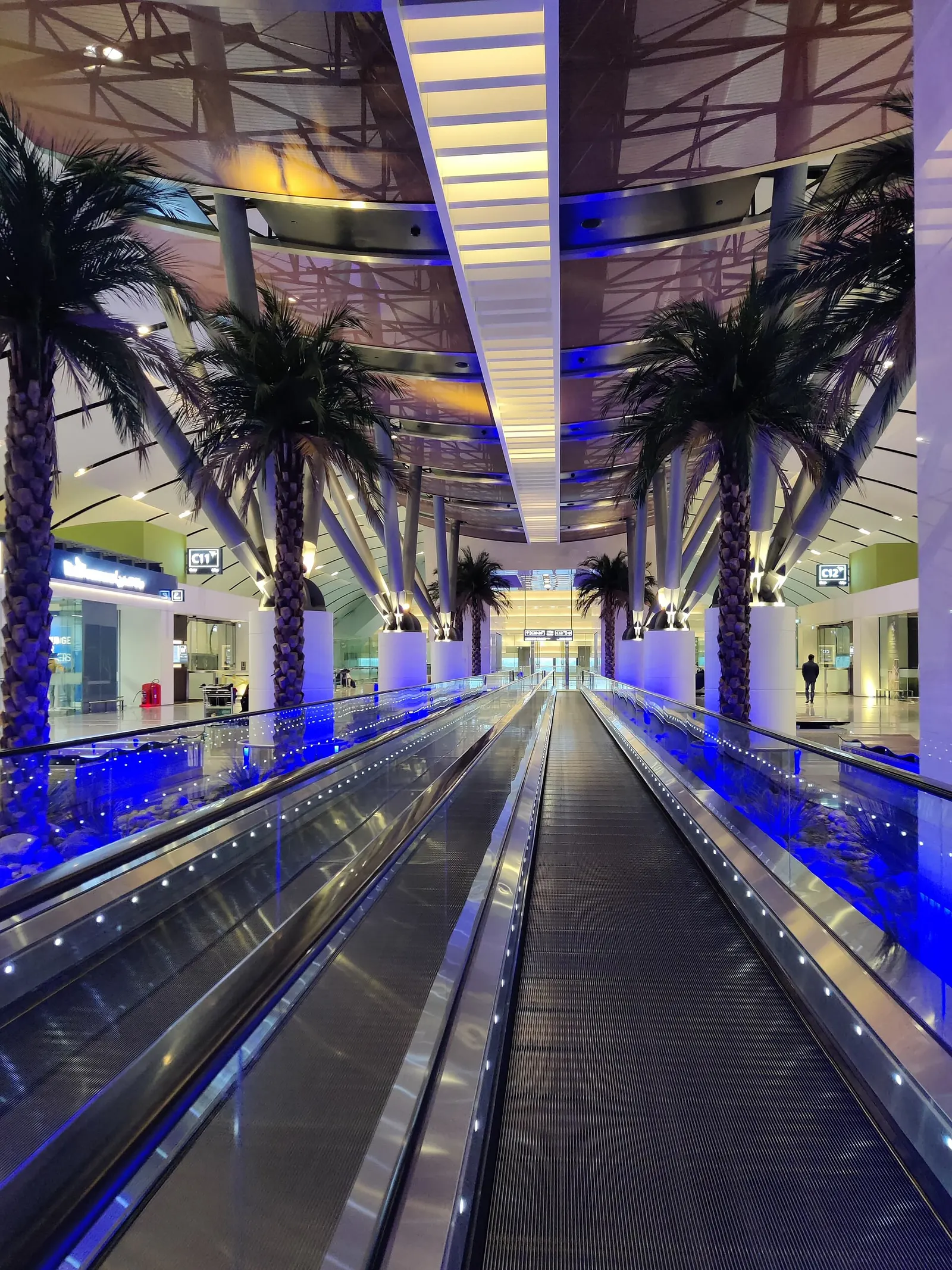 Kuwait International Airport Terminal 4 outdoor walkway with palm trees, December 2024