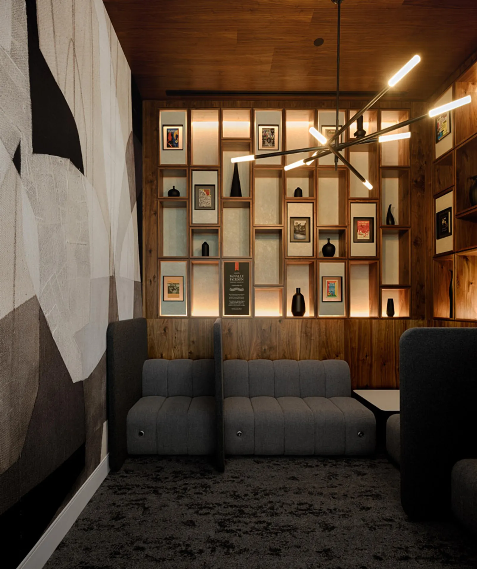 McNally Jackson study space with curated bookshelves in The Centurion Lounge at LaGuardia Airport (LGA).