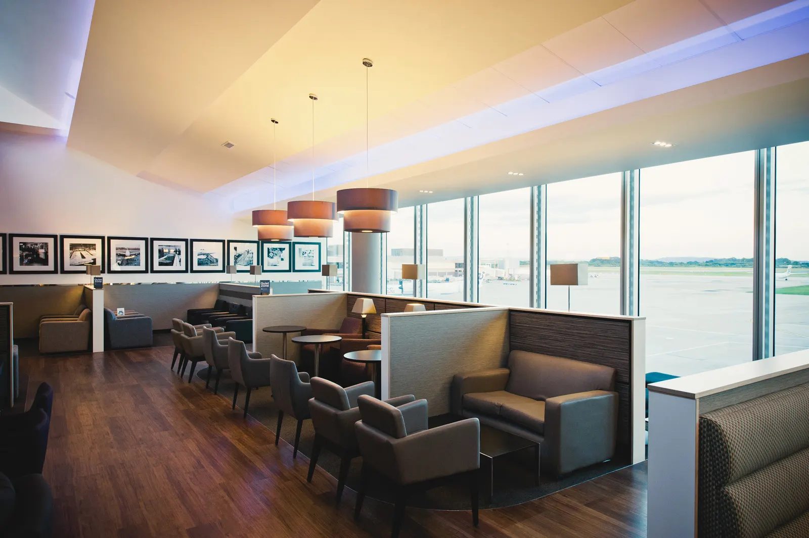 Window seating in the Aspire Lounge at Manchester Airport Terminal 3 (MAN).