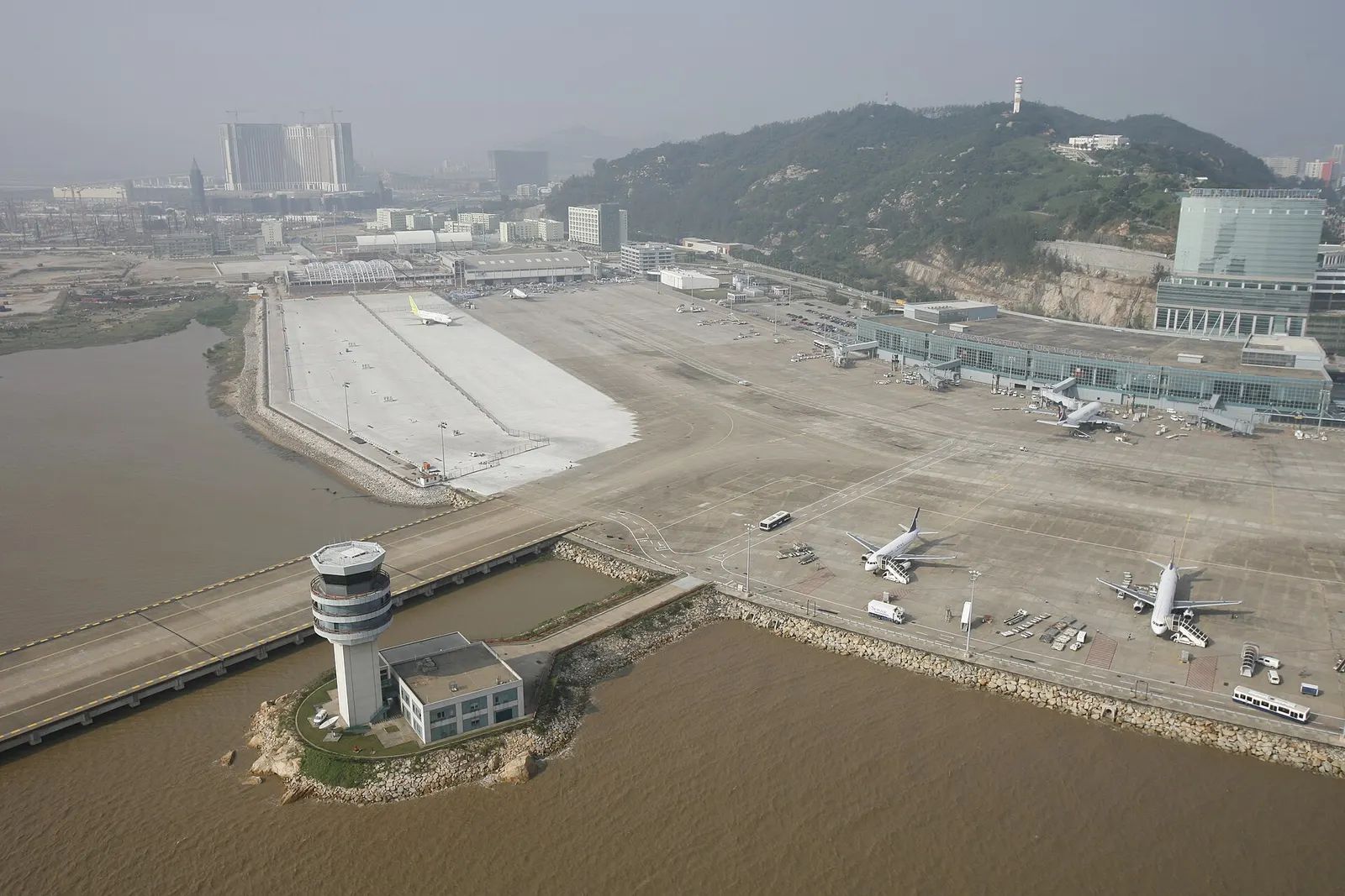 Aerial view of Macau International Airport on its reclaimed island off Taipa