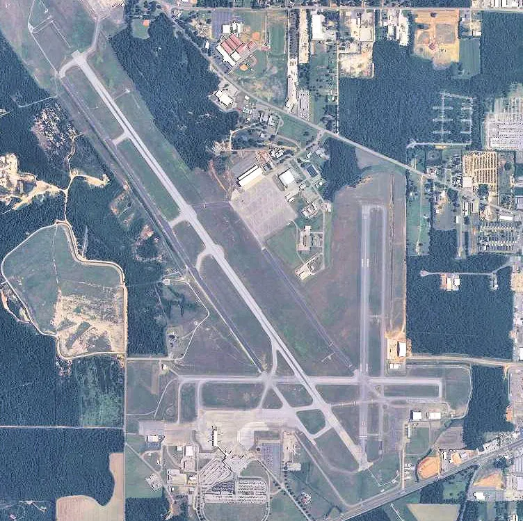 USGS digital orthophoto of Mobile Regional Airport looking down on the runways, terminal apron, and west-Mobile campus.