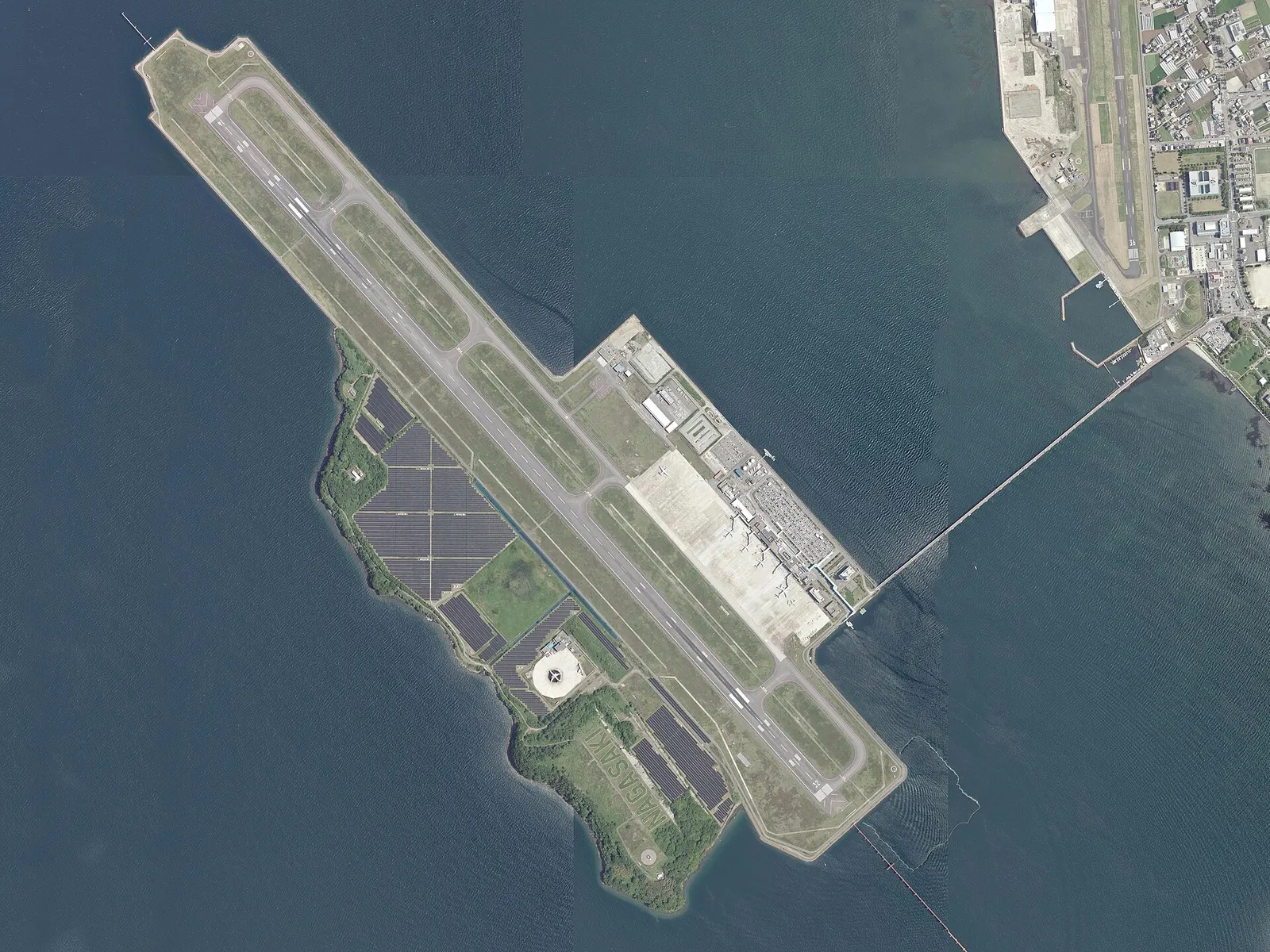 Aerial photograph of Nagasaki Airport on Mishima in Omura Bay, taken 31 May 2025