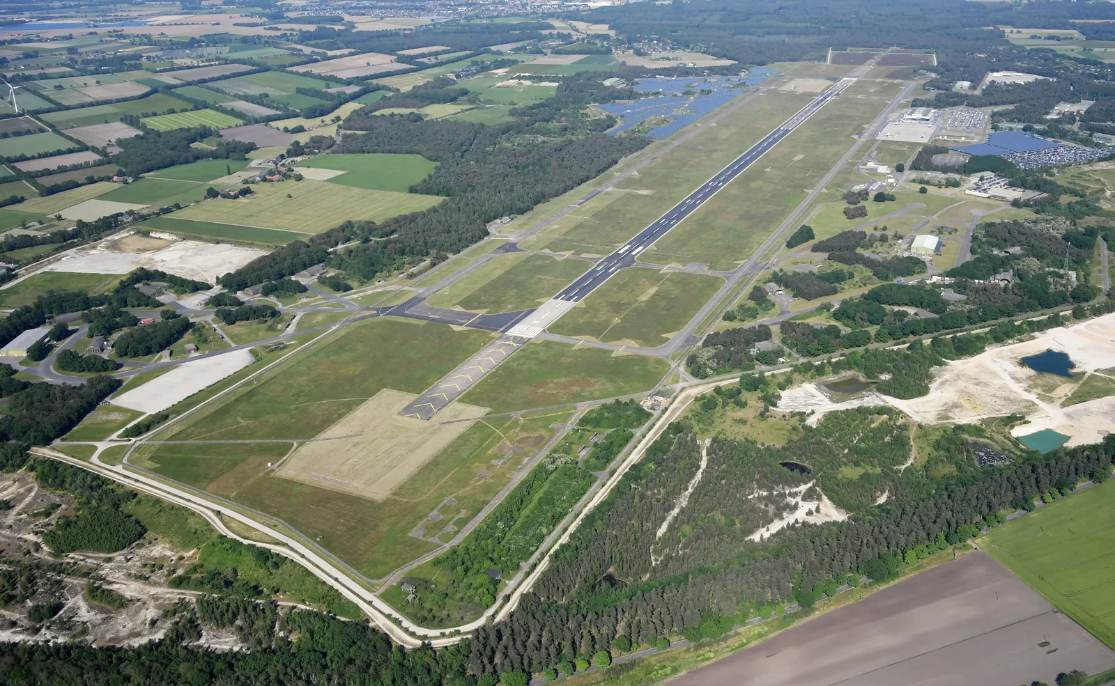 Aerial view of Weeze Airport and its single runway