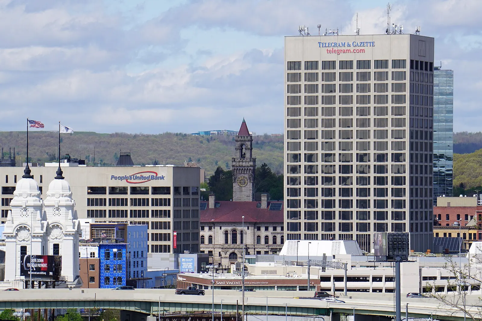 Downtown Worcester on 7 May 2017, with Worcester Regional Airport on Tatnuck Hill in the background