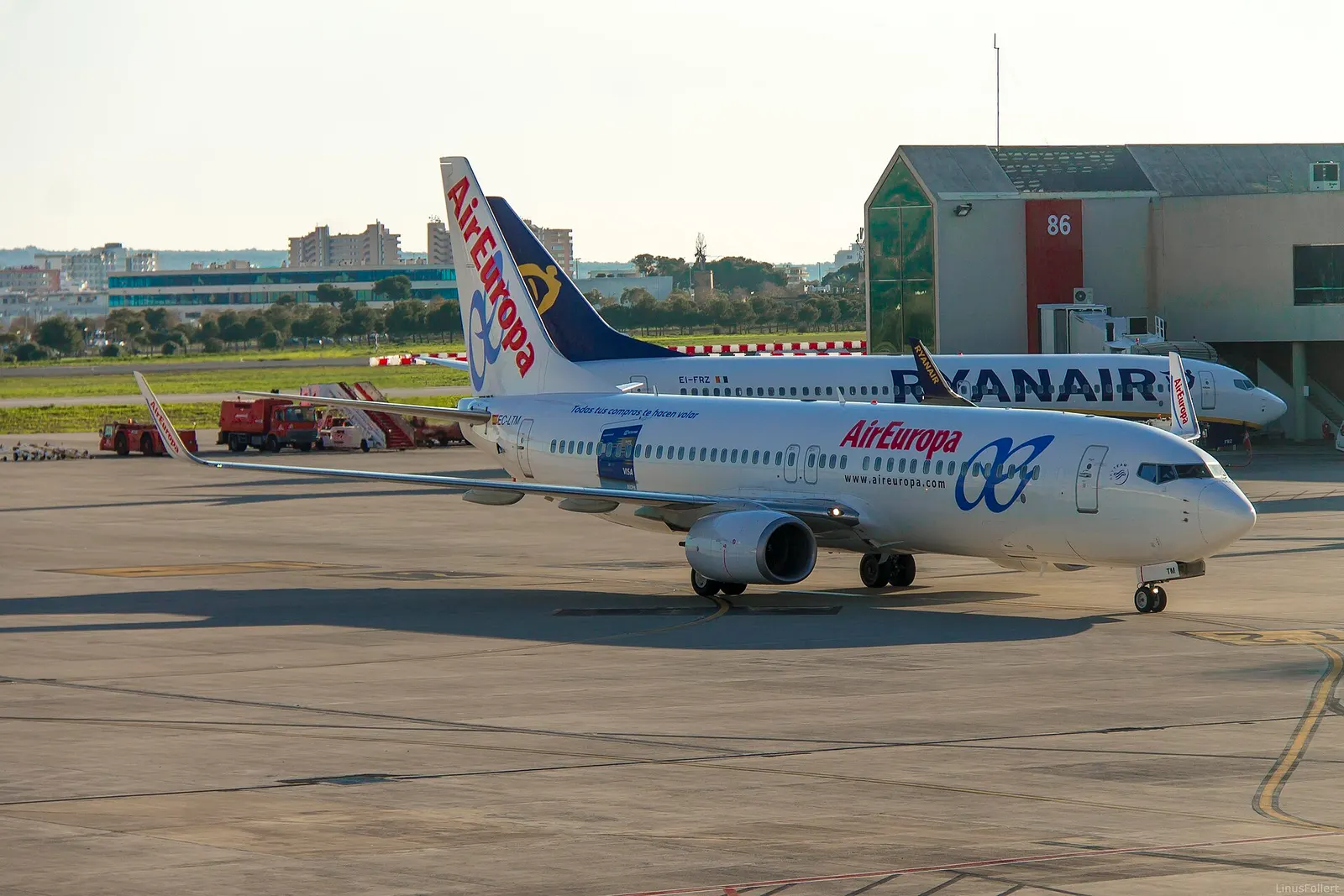 Air Europa and Ryanair aircrafts at the Palma de Mallorca Airport.