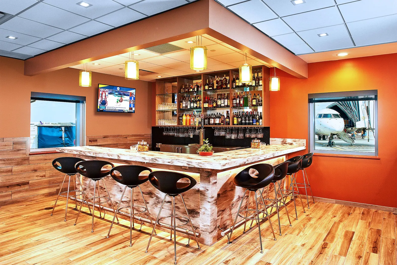 Bar in the Escape Lounge at Rhode Island T.F. Green International Airport (PVD).