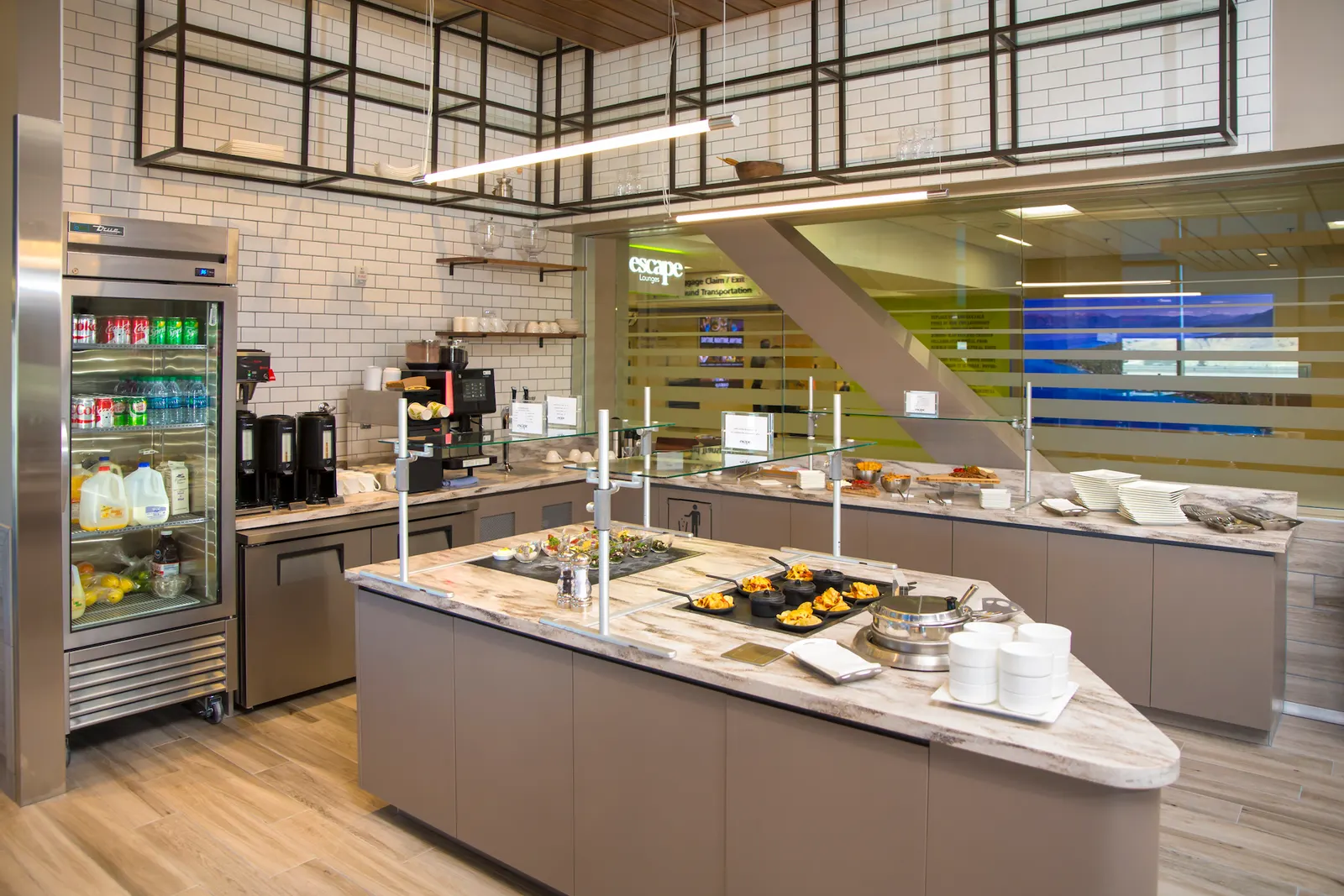 Buffet and beverage station in the Escape Lounge at Reno-Tahoe International Airport (RNO).