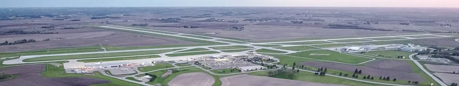 May 2024 drone panorama of Rochester International Airport (RST) in Rochester, Minnesota.