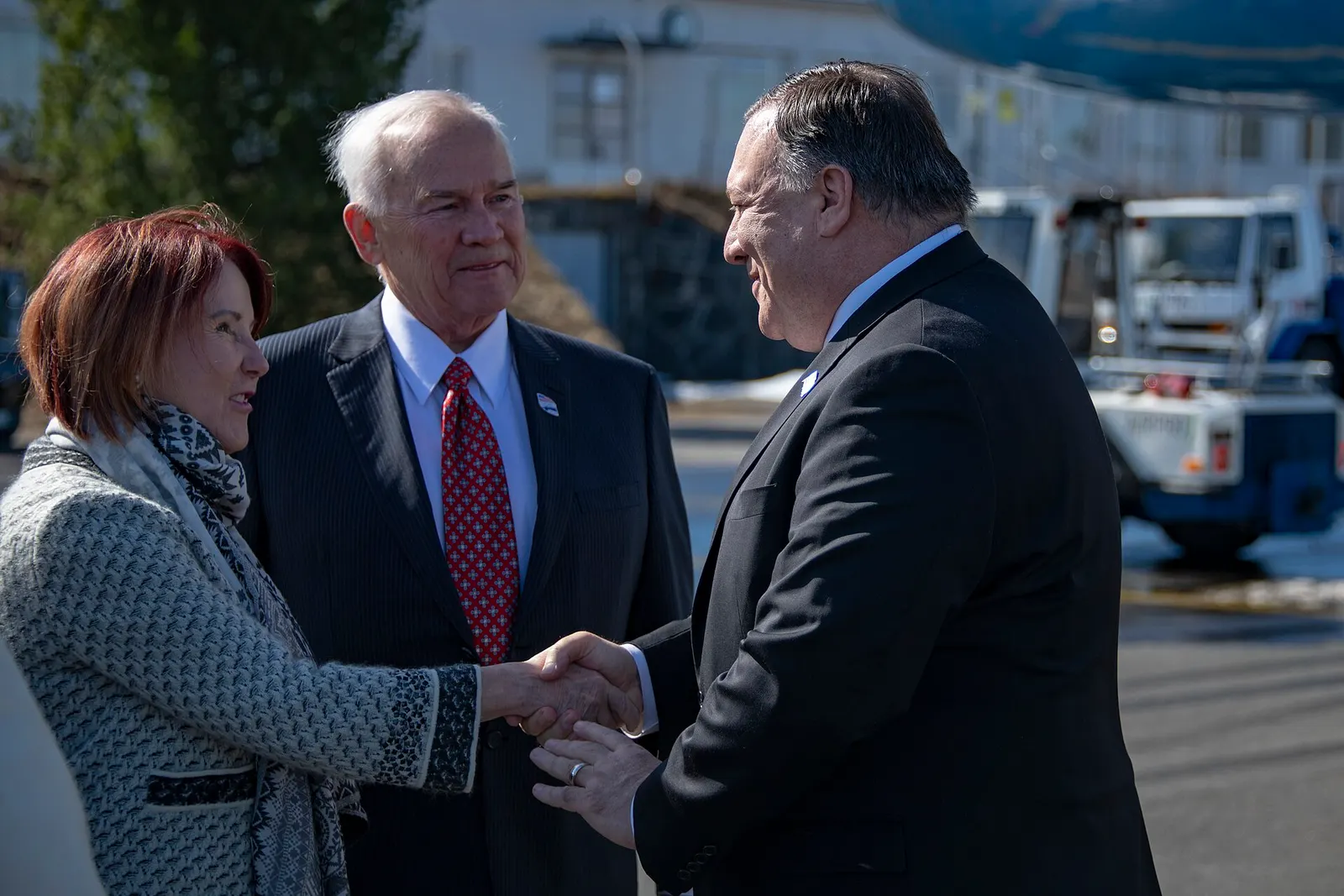 U.S. Secretary of State Michael R. Pompeo is greeted by U.S. Ambassador to Finland Robert Pence and Mrs. Suzy Pence upon arrival at Rovaniemi Airport in Rovaniemi, Finland, on May 6, 2019. [State Department Photo by Ron Przysucha/Public Domain]