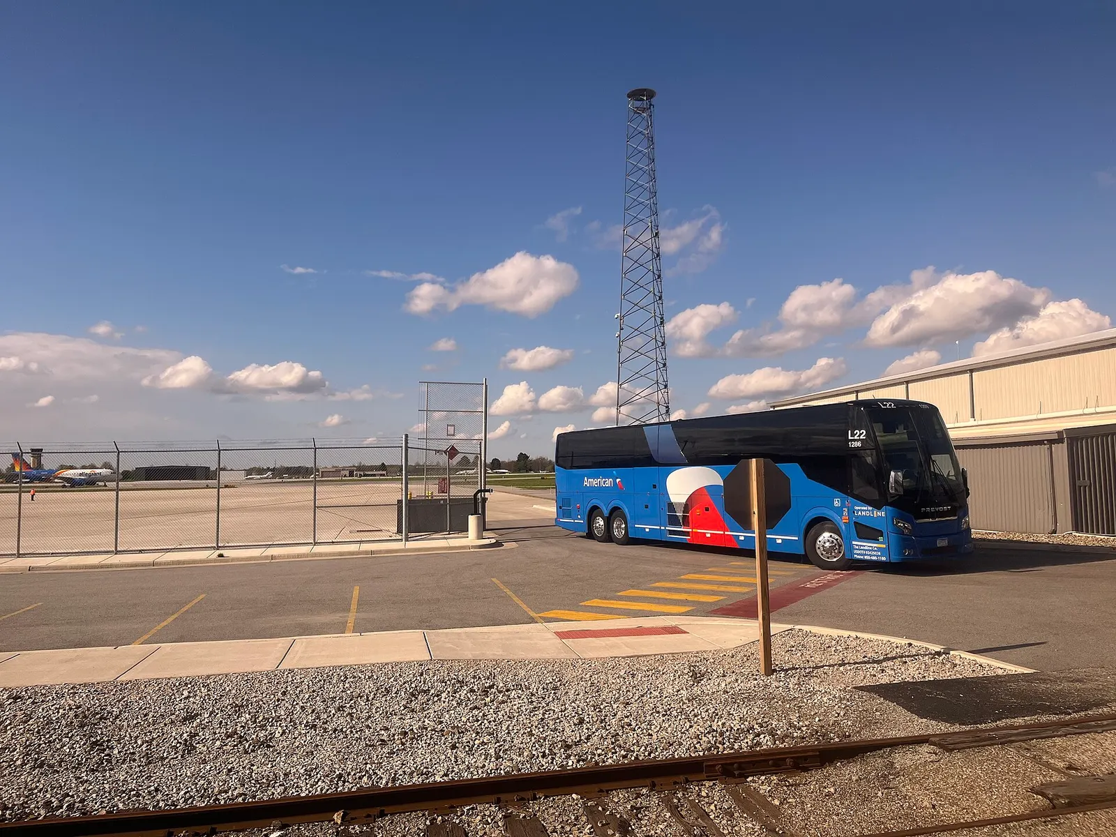American Airlines Landline motorcoach parked at South Bend International Airport in April 2026