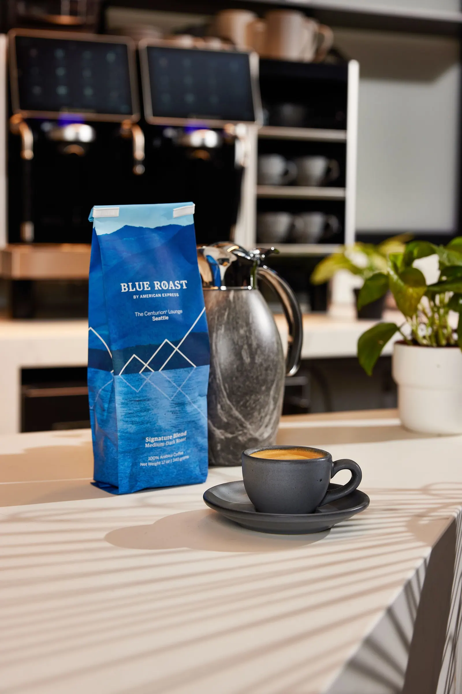 Blue Roast coffee barista station in the Centurion Lounge at Seattle-Tacoma International Airport (SEA).