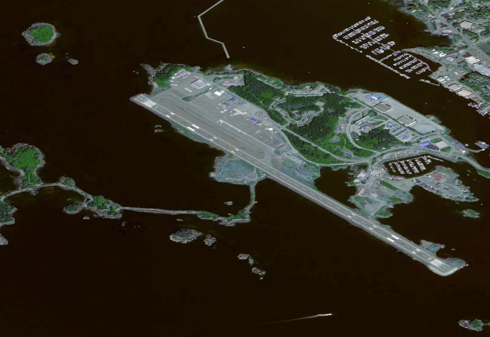 USGS National Map aerial of Sitka Rocky Gutierrez Airport on Japonski Island, showing the single runway causeway and apron