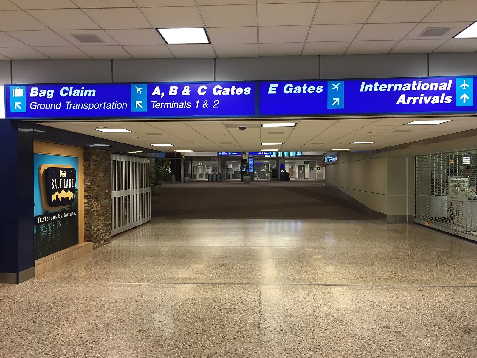 View from the inner end of Concourse D towards the International Terminal at Salt Lake City International Airport, Utah