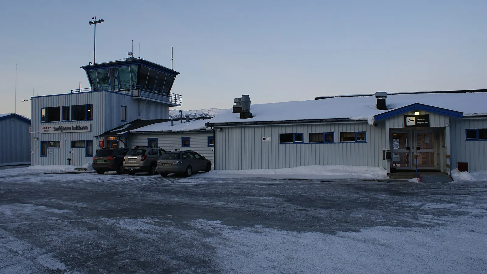 Sørkjosen Airport, Nordreisa, Troms, Norway. Terminal building + ATC tower.