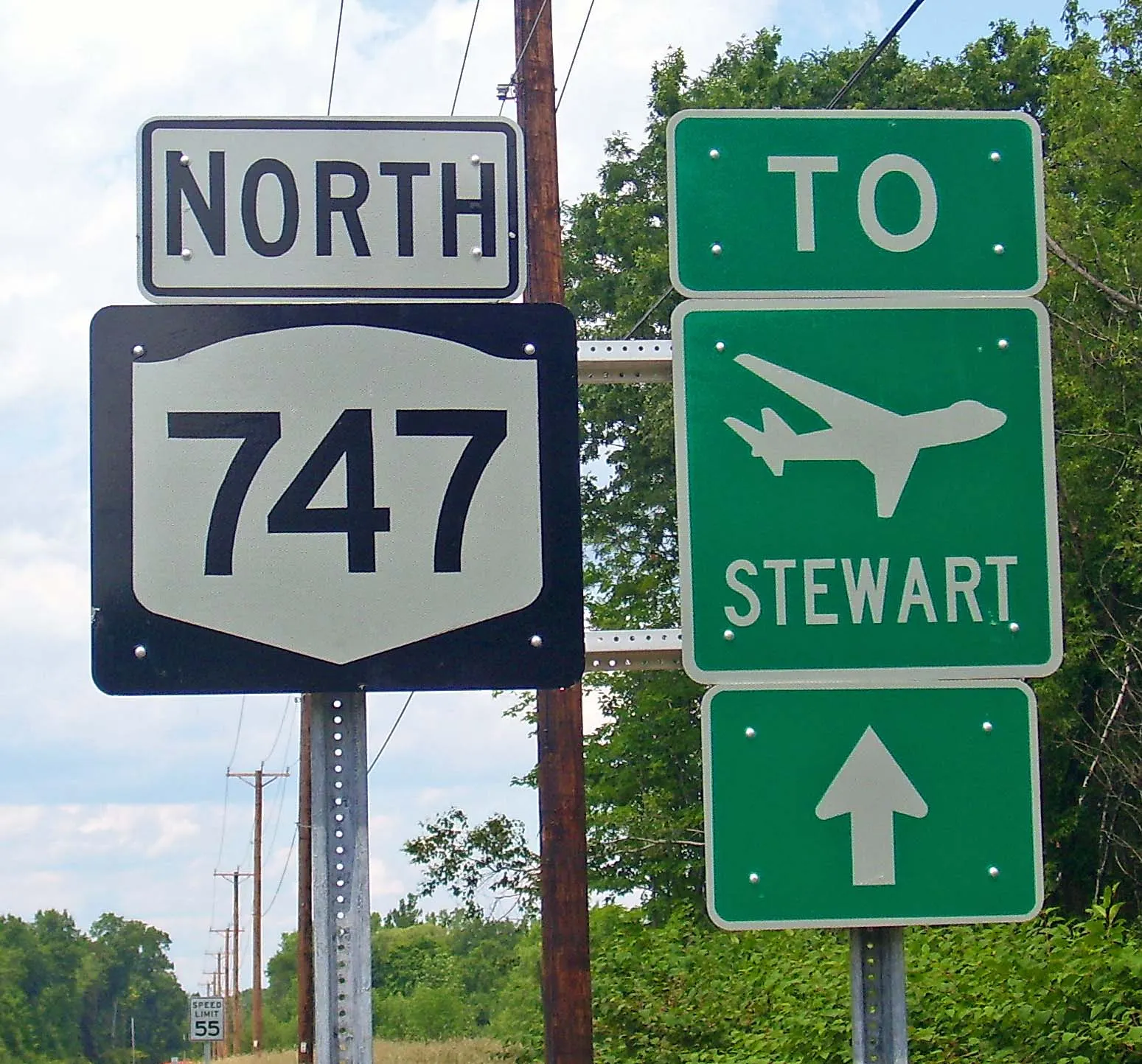 New York State Route 747 reassurance marker on the airport access road to Stewart.