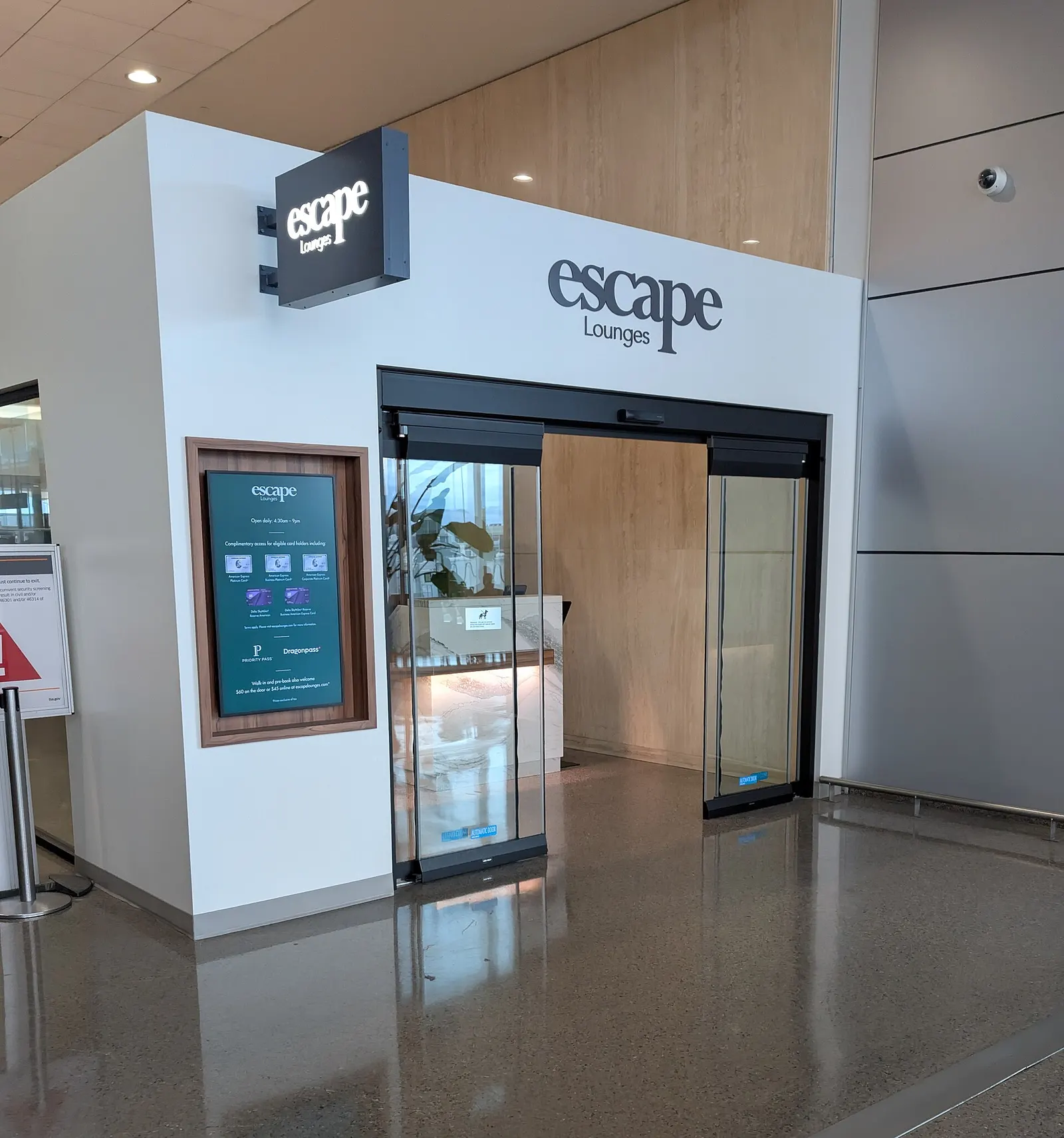 The entrance to the priority pass member Escape Lounge just inside security at Tulsa International Airport. 7777 Airport Drive, Tulsa, Oklahoma 74115.