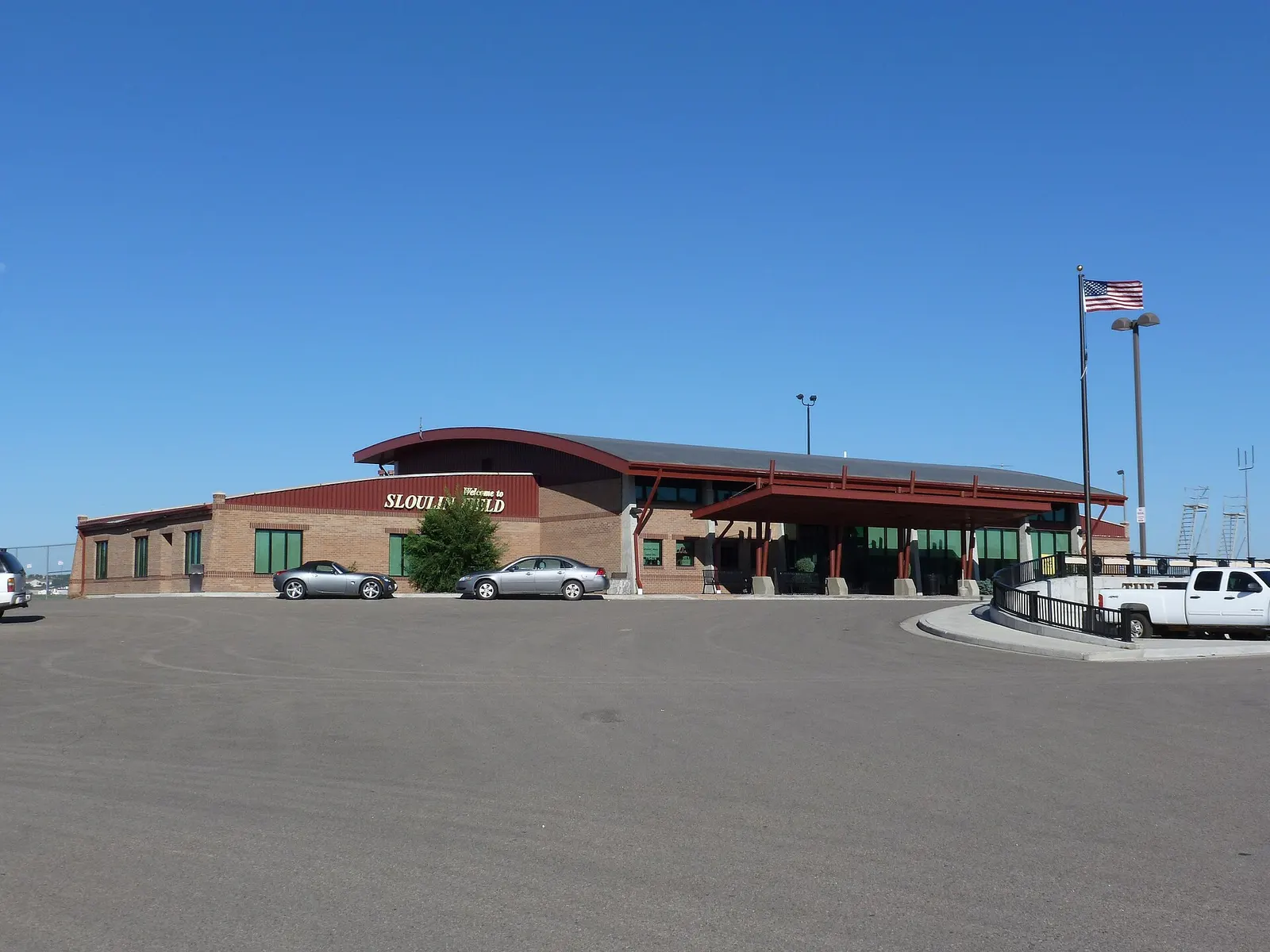 Historic August 2012 exterior of the closed Sloulin Field International Airport (ISN) terminal in Williston, North Dakota.