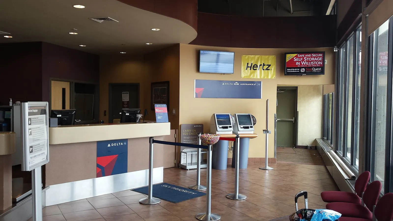 Historic July 2015 Delta Air Lines check-in counters at closed Sloulin Field International Airport (ISN) in Williston.