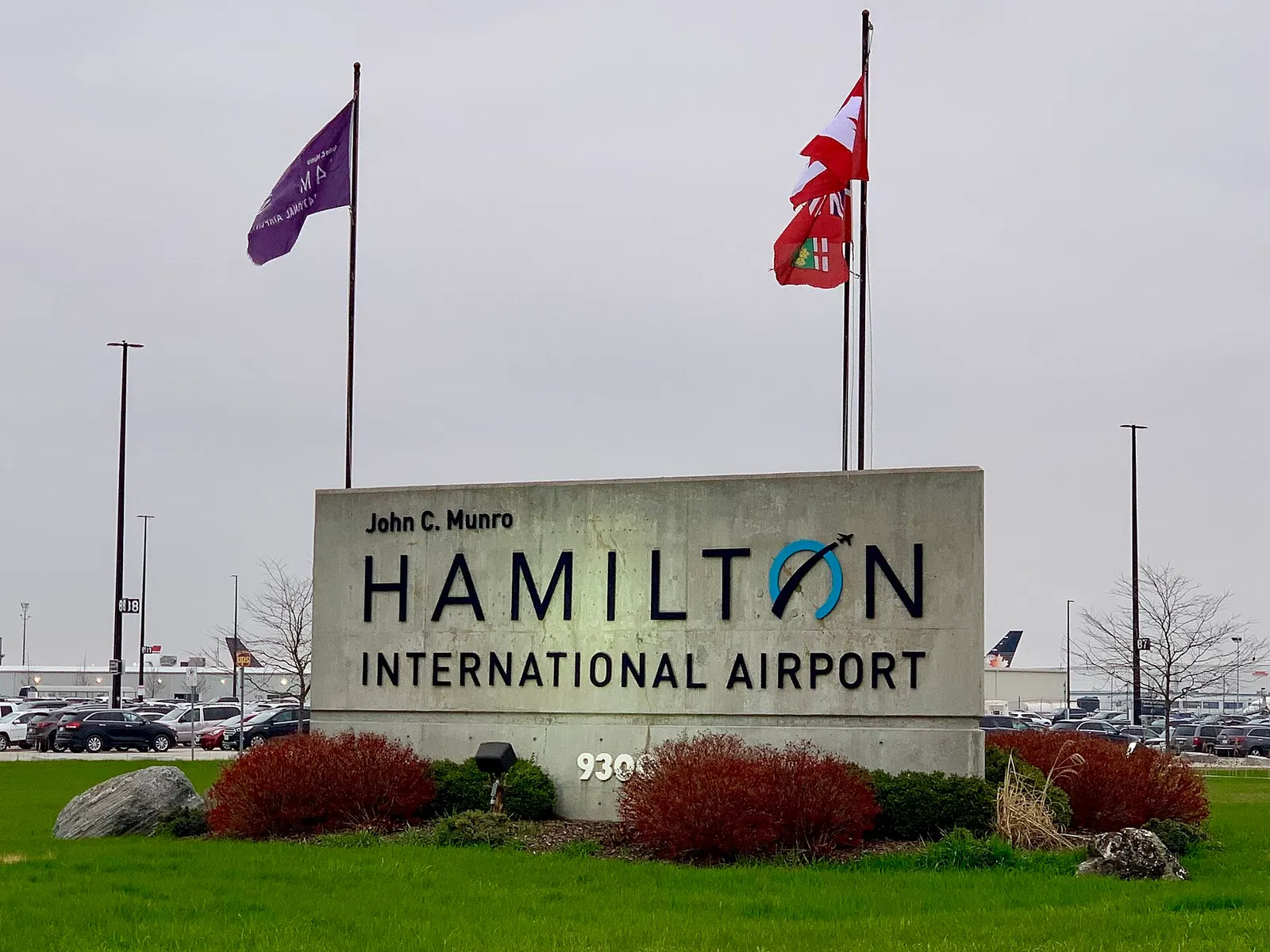 Hamilton International Airport entrance in Ontario, Canada in May 2019 at John C. Munro Hamilton International Airport (YHM).